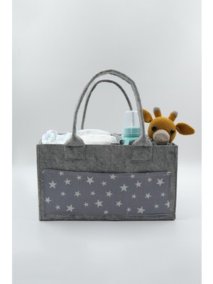 Jasper Yıldız Desenli  Gri Keçe Anne Bebek Bakım Çantası Organizer