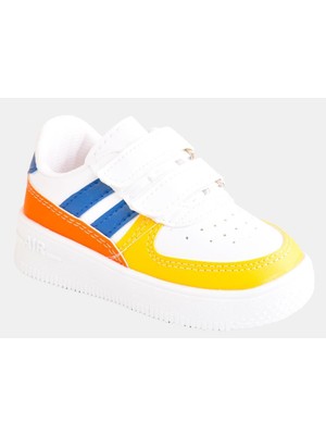 Ellaboni Günlük Unisex Çocuk Şeritli Beyaz Sneaker Cırtlı Hafif Rahat Spor Ayakkabı