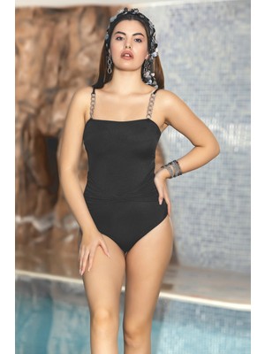 Hazelin Kadın Siyah Zincir Aksesuarlı Ayarlanabilir Askılı Astarlı Straples Yüzücü Mayo HZL24S-AR1829