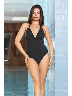 Hazelin Kadın Siyah Halka Detaylı Büzgülü Boyundan Bağlamalı Astarlı Yüzücü Mayo HZL24S-AR1825