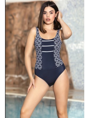 Hazelin Kadın Lacivert U Yaka Ip Detaylı Desenli Astarlı Yüzücü Mayo HZL24S-AR1877