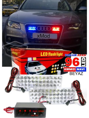 ŞüsCarOto Aksesuar 96 LED 3 Modlu Panjur Içi Çakar LED Panjur Arası Çakar Kırmızı Mavi 48X2 LED Lamba Flaşlı Polis Işığı 12V
