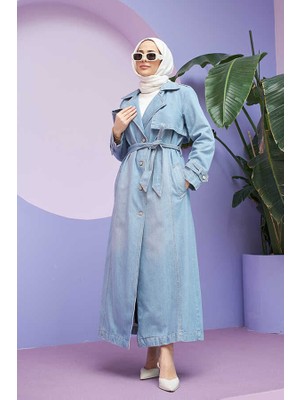Neways 6458-ALLERLI Denim Trençkot Mavi Kadın Şık ve Rahat Tasarım