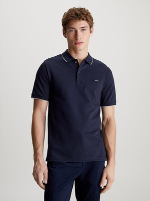 Calvin Klein Erkek Pamuklu Logolu Dokuma Kumaş Mavi Polo Yaka T-Shirt K10K112751-CHW