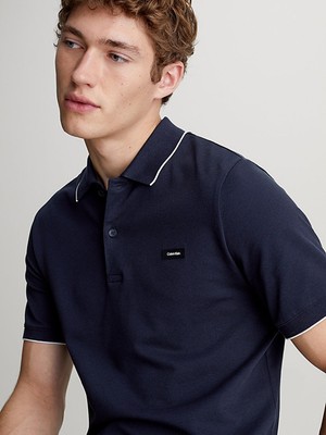 Calvin Klein Erkek Pamuklu Logolu Dokuma Kumaş Mavi Polo Yaka T-Shirt K10K112751-CHW