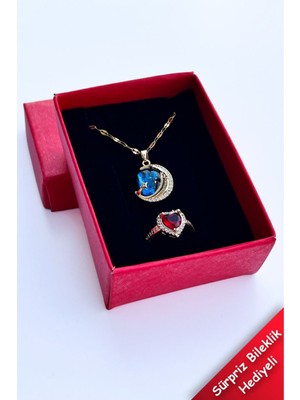 Trend Collection Kadın Çelik Gold Zirkon Taşlı Gökyüzü Kolye ve Pandora Yüzük Set (Sevgiliye Hediye)