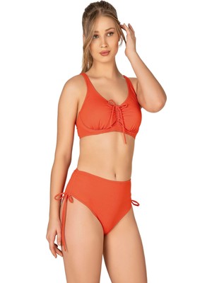 Endeep Kadın Büyük Beden Balenli Destekli Bağlama Detaylı Turuncu Bikini Takımı