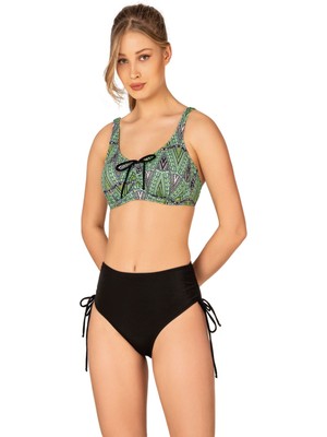 Endeep Kadın Büyük Beden Balenli Destekli Bağlama Detaylı Yeşil Desenli Bikini Takımı