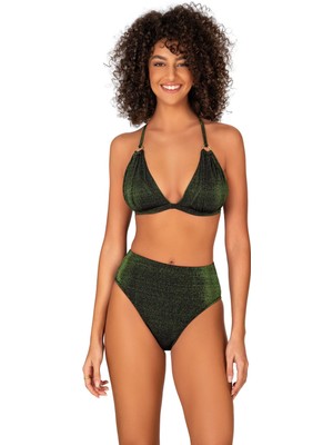 Endeep Kadın Yüksel Bel Simli Bikini Takımı Halka Aksesuarlı Yeşil Renkli Polyamid Elastan