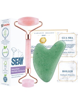 Seay Pembe Kuvars Face Roller Ve Aventurin Kalp Gua Sha Yüz Masaj Aleti Seti Doğaltaş Sertifikalı