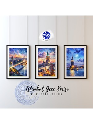 Blue Wall - Istanbul Gece Serisi - 3'lü Çerçevesiz Tasarım Poster Duvar Sanatı
