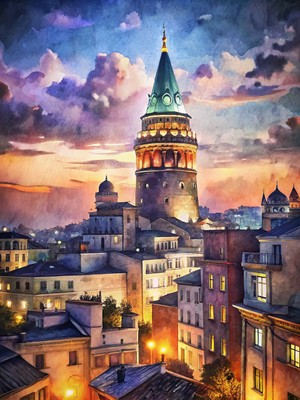 Blue Wall - Istanbul Gece Serisi - 3'lü Çerçevesiz Tasarım Poster Duvar Sanatı