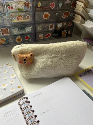 Sumicorn Design Sevimli Ayıcık Peluş Yıkanabilir Fermuarlı Pötikare Astarlı Bez Kalemlik Kalem Kutusu Makyaj Çantası