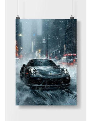 Poster City Şehirde Porsche 911 Araba  Poster Çerçevesiz Parlak Kağıt