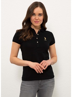 U.S. Polo Assn. Polo Yaka Düz Siyah Kadın T-Shirt TP0121