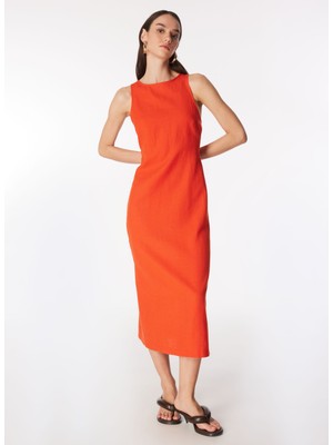 Fabrika Comfort Bisiklet Yaka Düz Nar Çiçeği Maksi Kadın Elbise FC4SL-ELB0003