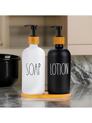 Yeşilçam Sepeti 2’li Siyah-Beyaz Bambu Standlı Soap&lotion Sıvı Sabunluk Seti