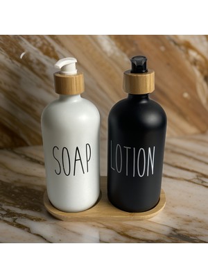 Yeşilçam Sepeti 2’li Siyah-Beyaz Bambu Standlı Soap&lotion Sıvı Sabunluk Seti