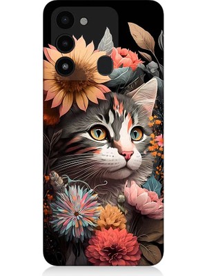 Teknomeg Tecno Spark 8c Uyumlu Çiçekler ve Kül Gri Kedi Desenli Silikon Kılıf