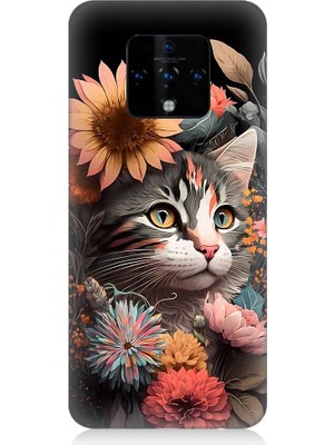 Teknomeg Tecno Camon 16 Uyumlu Çiçekler ve Kül Gri Kedi Desenli Silikon Kılıf