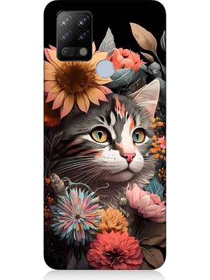 Teknomeg Tecno Pova Uyumlu Çiçekler ve Kül Gri Kedi Desenli Silikon Kılıf