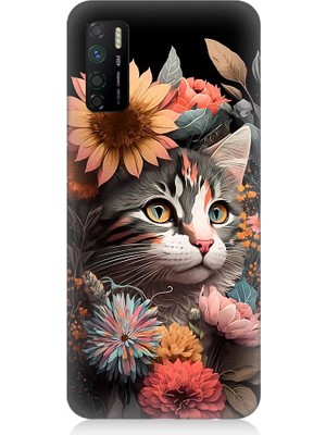 Teknomeg Infinix Note 7 Lite Uyumlu Çiçekler ve Kül Gri Kedi Desenli Silikon Kılıf