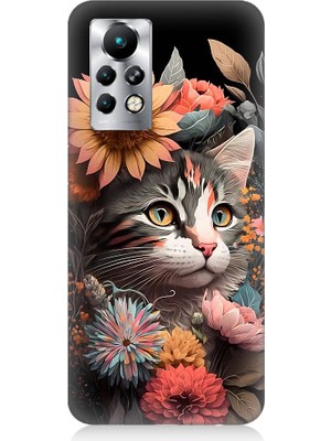Teknomeg Infinix Note 11S Uyumlu Çiçekler ve Kül Gri Kedi Desenli Silikon Kılıf