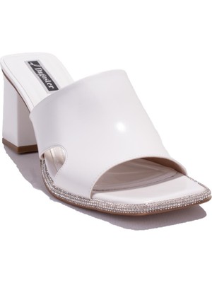 Dagoster DZA07-1136745 Beyaz Rugan Klasik Taşlı Topuklu Kadın Terlik