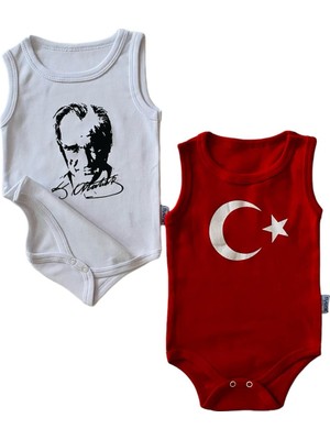 Miyakidsworld Atatürk Organik Baskılı Bebek Body %100 Pamuklu Ay Yıldız Beyaz/kırmızı Çıtçıtlı Body Zıbın 2 Adet