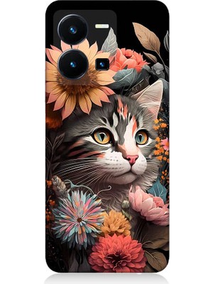 Teknomeg Vivo Y22S Uyumlu Çiçekler ve Kül Gri Kedi Desenli Silikon Kılıf