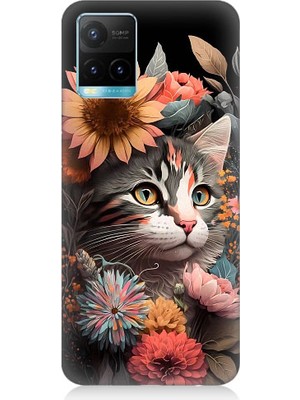 Teknomeg Vivo Y53S Uyumlu Çiçekler ve Kül Gri Kedi Desenli Silikon Kılıf
