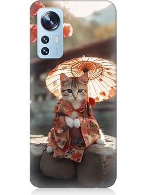 Teknomeg Xiaomi 12 Uyumlu Geyşa Kıyafetli Kedi Desenli Silikon Kılıf
