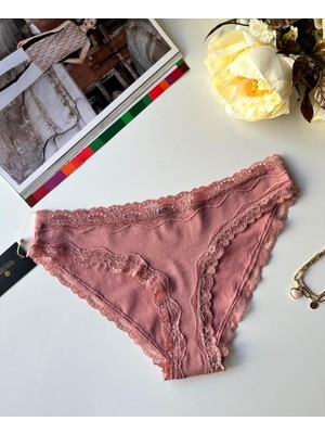 Intive Lingerie Arlet Kadın Pamuklu Rahat Günlük Kullanım Dantelli Slip/külot (Lila-Gül Kurusu- Krem)