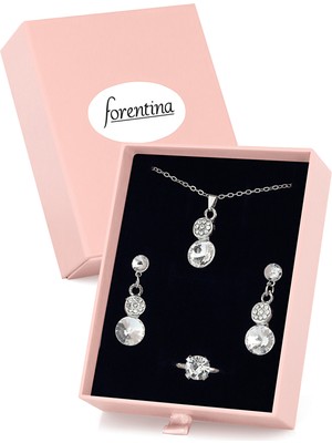 Forentina Gümüş Kaplama Beyaz Taşlı Kolye Küpe Yüzük Pembe Kutuda Hediye Set PS3339