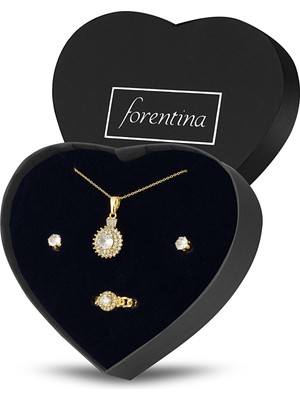 Forentina Altın Kaplama Tektaş Kolye Küpe Yüzük Kalpli Kutuda Hediye Takı Seti PS3264