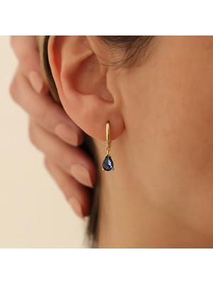 Nox Jewelry 14K Altın Kaplama Damla Kesim Safir Taşlı Sallantılı Halka Gümüş Küpe - ES00116