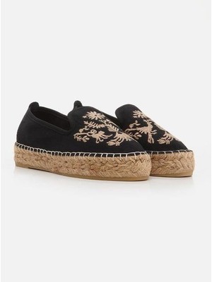Su Espadril Brenda Siyah Kadın Düz Espadril Keten Malzeme ile Doğal Jüt Tabanlı