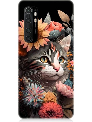 Teknomeg Xiaomi Mi Note 10 Lite Uyumlu Çiçekler ve Kül Gri Kedi Desenli Silikon Kılıf