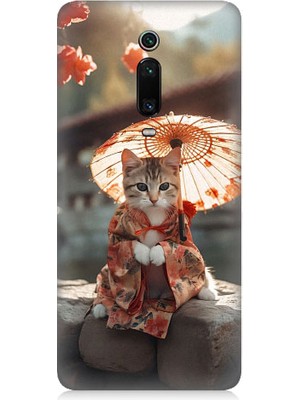 Teknomeg Xiaomi Mi 9t Uyumlu Geyşa Kıyafetli Kedi Desenli Silikon Kılıf