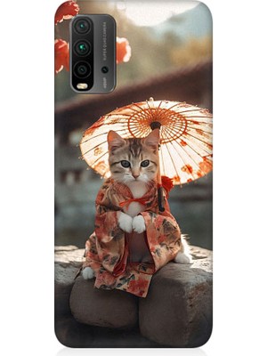 Teknomeg Xiaomi Redmi 9t Uyumlu Geyşa Kıyafetli Kedi Desenli Silikon Kılıf