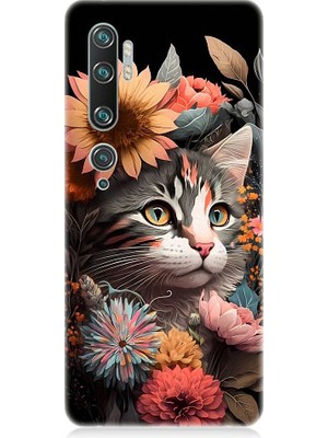 Teknomeg Xiaomi Mi Note 10 Uyumlu Çiçekler ve Kül Gri Kedi Desenli Silikon Kılıf