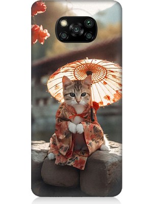 Teknomeg Xiaomi Poco X3 Uyumlu Geyşa Kıyafetli Kedi Desenli Silikon Kılıf