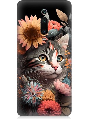Teknomeg Xiaomi Mi 9t Uyumlu Çiçekler ve Kül Gri Kedi Desenli Silikon Kılıf