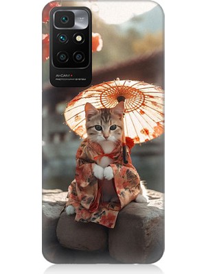 Teknomeg Xiaomi Redmi 10 Uyumlu Geyşa Kıyafetli Kedi Desenli Silikon Kılıf