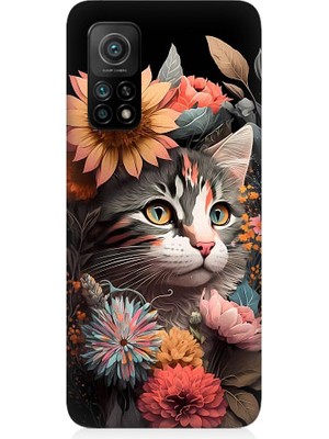 Teknomeg Xiaomi Mi 10T Uyumlu Çiçekler ve Kül Gri Kedi Desenli Silikon Kılıf