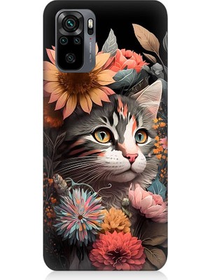 Teknomeg Xiaomi Redmi Note 10 Uyumlu Çiçekler ve Kül Gri Kedi Desenli Silikon Kılıf