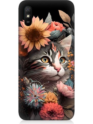 Teknomeg Xiaomi Redmi 9A Uyumlu Çiçekler ve Kül Gri Kedi Desenli Silikon Kılıf