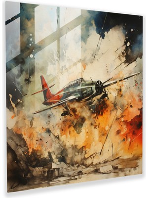 Painted Anarchy Avant-Garde Skyline Glass Print - World War One Warplanes Soaring Through Billowing Smoke - Wall Glass Decoration Art, 30X30