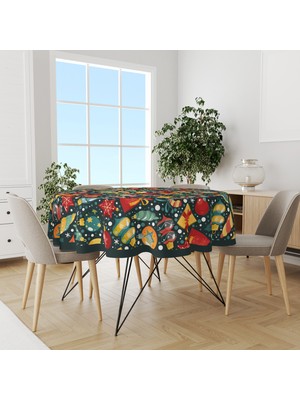 Moud's Kırmızı Turuncu Yılbaşı Süsü Desenli Yuvarlak Süet Dertsiz Masa Örtüsü