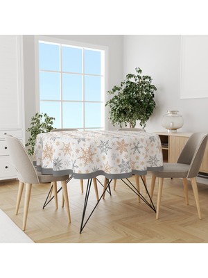 Moud's Beyaz Kar Taneleri Yılbaşı Desenli Yuvarlak Süet Dertsiz Masa Örtüsü